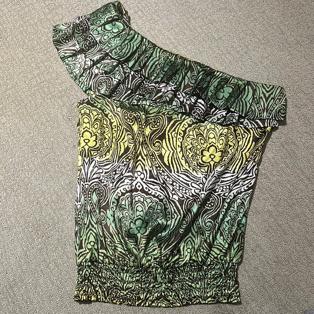 One-Shoulder Green and Yellow Patterned Top